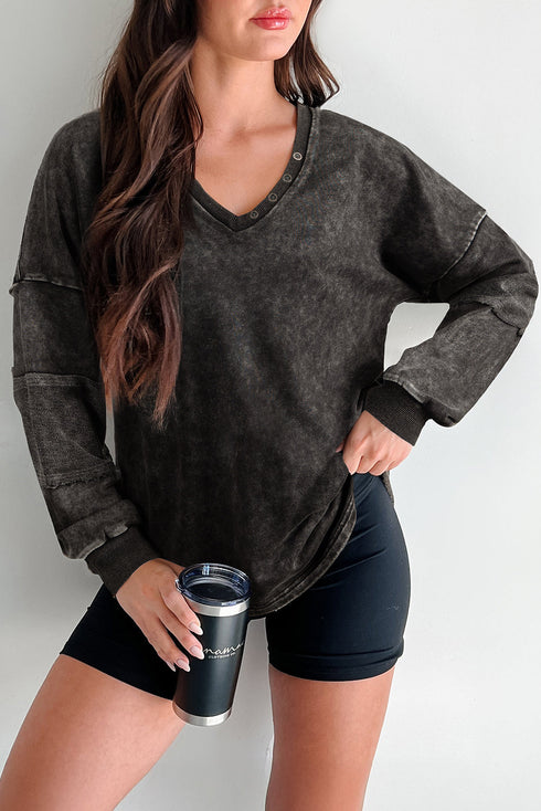 Mineral Wash Snap Trim V Neck Exposed Seam Drop Shoulder Curved Hem Long Sleeve Top